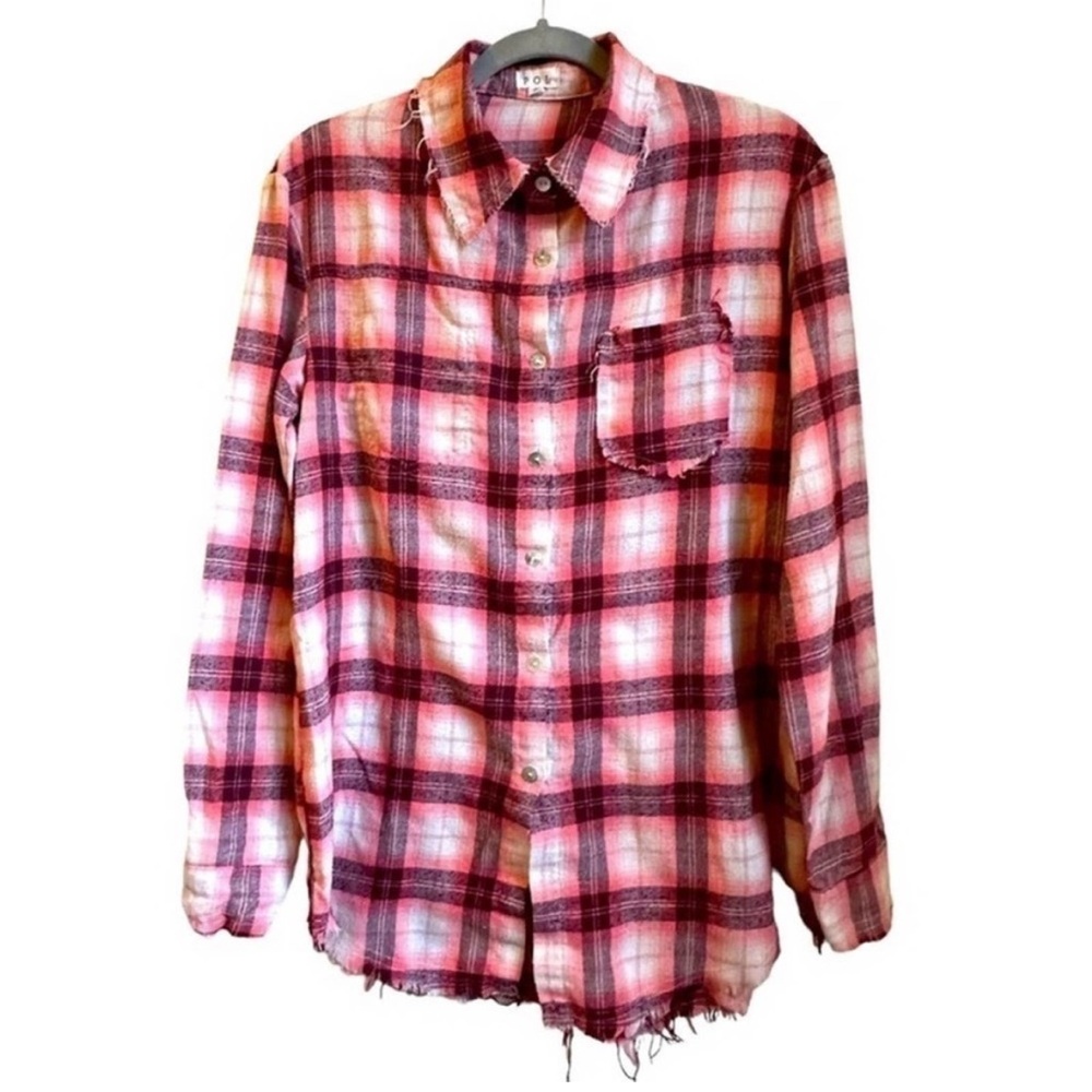 POL Distressed Oversized Plaid Grunge Button Up Long Sleeve Flannel